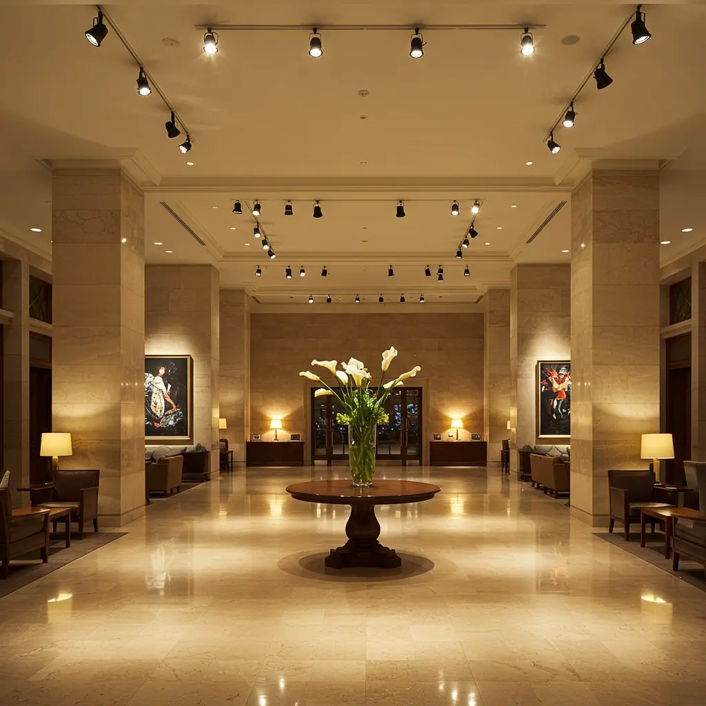 Hall del grande hotel illuminata con faretto a LED a binario e faretto a incasso.