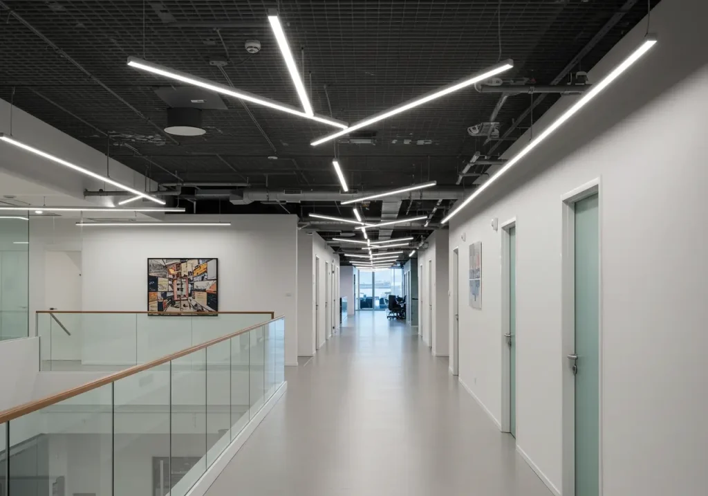 Office corridors with suspended LED linear systems
