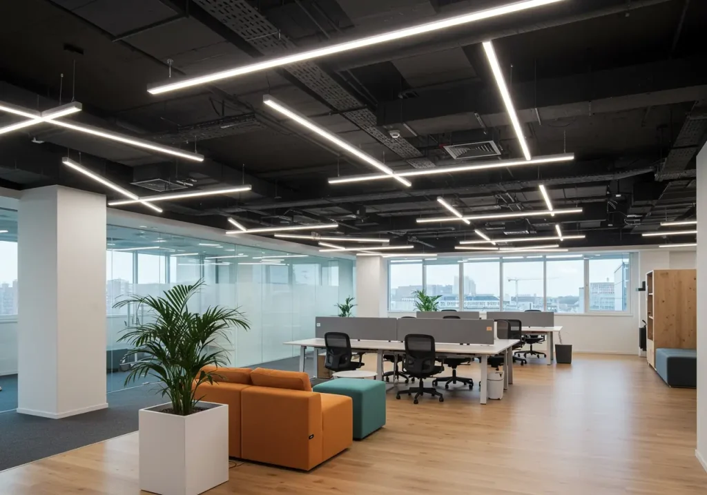 Open plan office with suspended LED linear lights