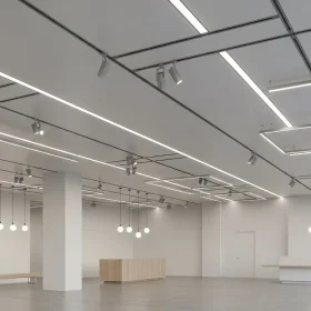 Modern commercial interiors utilize magnetic track lighting systems