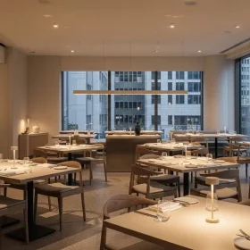 Modern restaurants use lighting with a warm, neutral color temperature of 3000-3500K to create a comfortable atmosphere