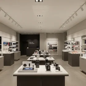 Modern retail stores use track lighting for accent lighting to enhance product display