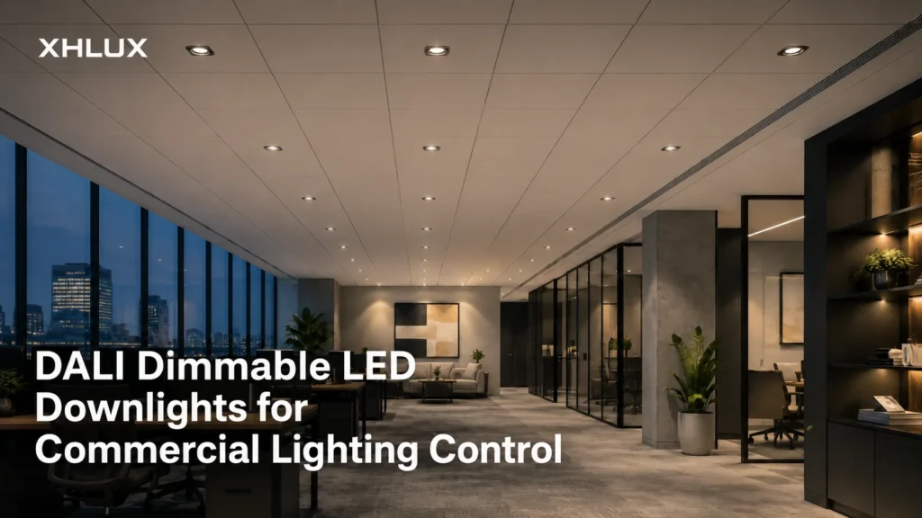مصابيح LED قابلة للتعتيم بتقنية DALI في أسقف المكاتب التجارية الحديثة مع مفهوم التحكم في الإضاءة