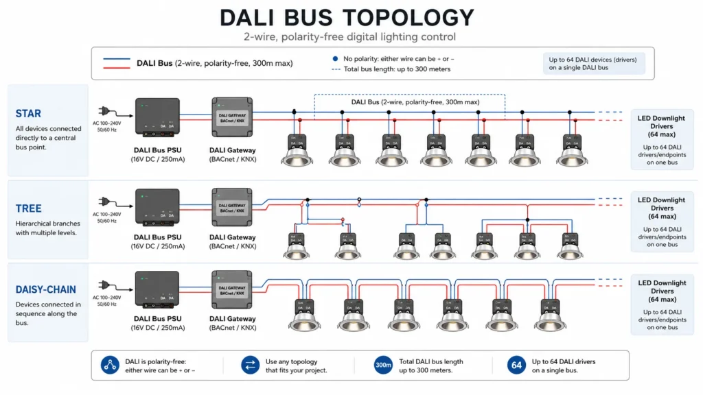 مخطط طوبولوجيا ناقل DALI يوضح بوابة وحدة تزويد الطاقة ومحركات إضاءة LED السفلية في توصيلات الشجرة النجمية والتوصيل التسلسلي.