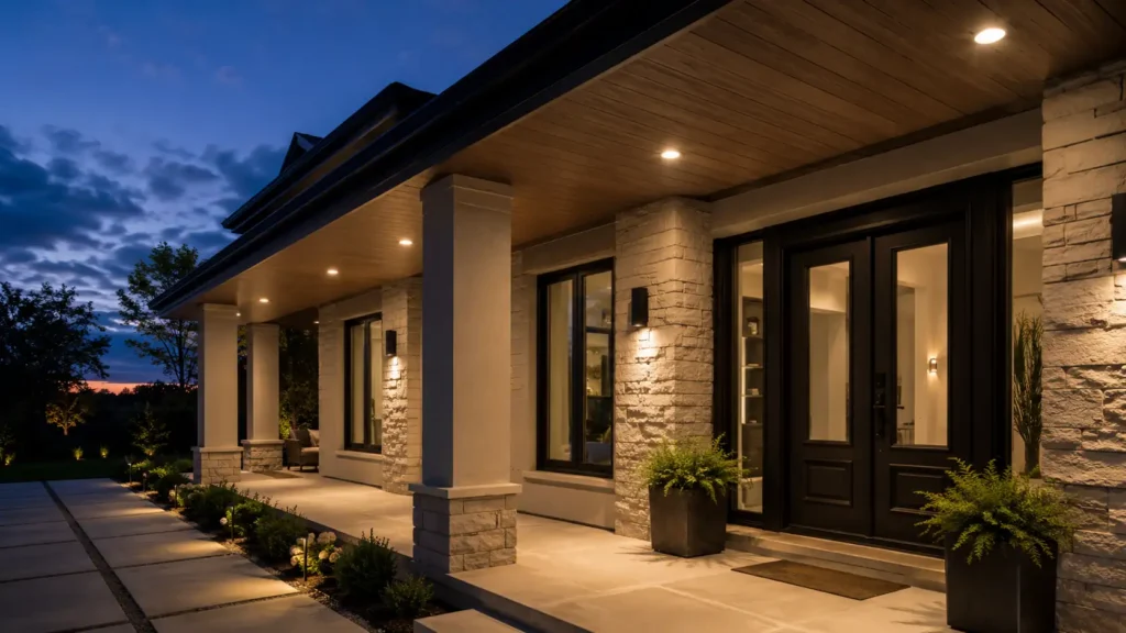 LED soffit downlights installed under an exterior overhang and porch