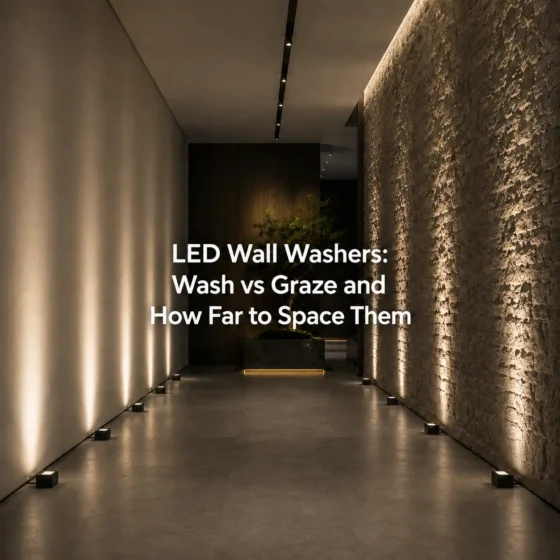 LED wall washer wash vs graze comparison diagram showing even vertical wash light versus close-mounted grazing light on textured wall