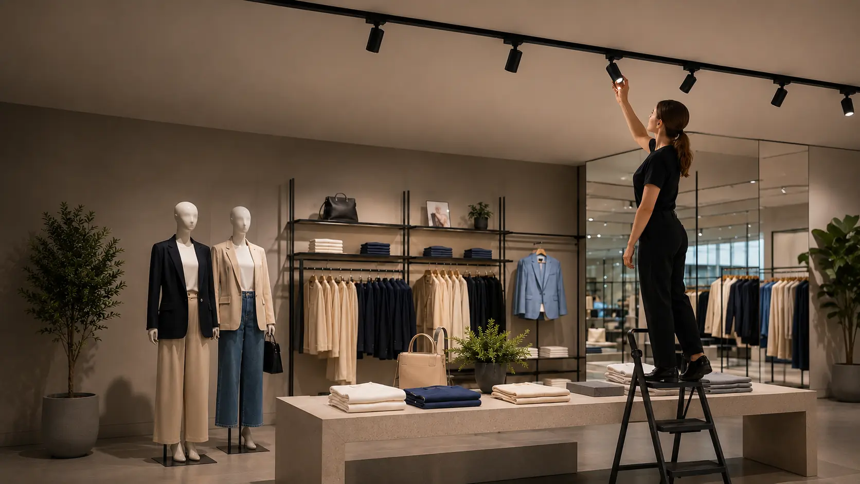 Retail staff member repositioning a magnetic track light by hand above a merchandise display
