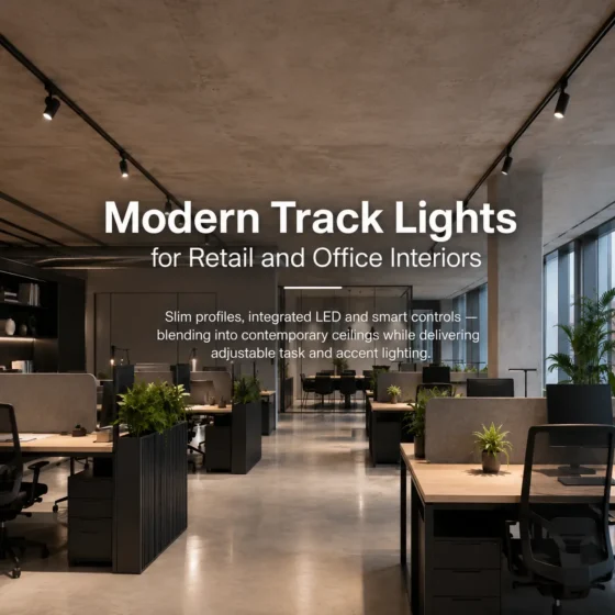 Modern track lights installed on a minimalist ceiling in a contemporary office interior
