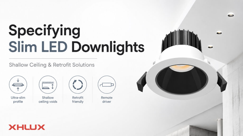 Slim LED downlight product render for shallow ceiling and retrofit commercial applications