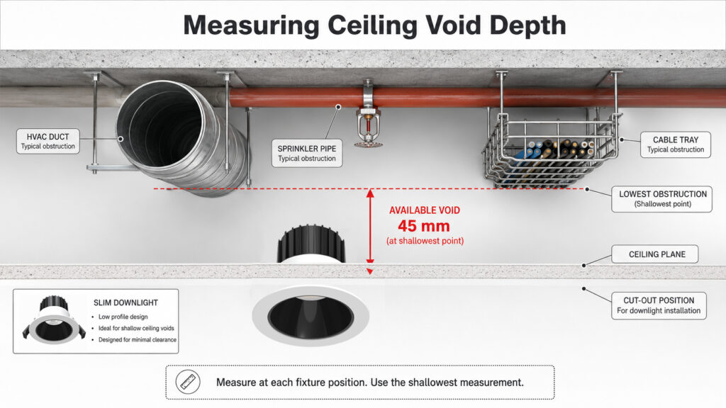 Ceiling void measurement diagram showing HVAC duct sprinkler pipe cable tray and available depth
