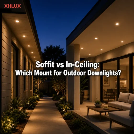 Should outdoor downlights be mounted in the soffit or ceiling