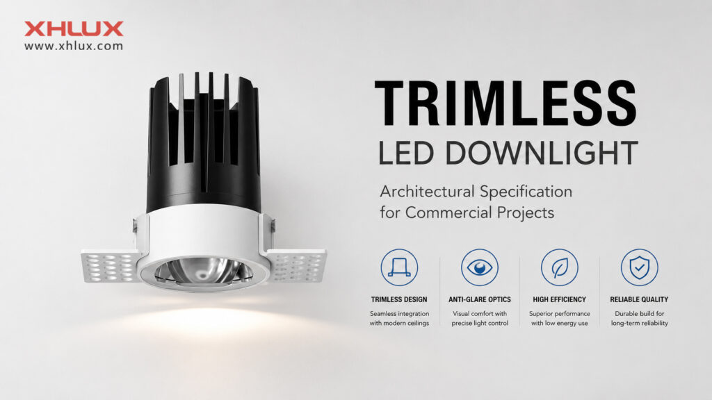 Trimless LED downlight product render for architectural commercial lighting specification