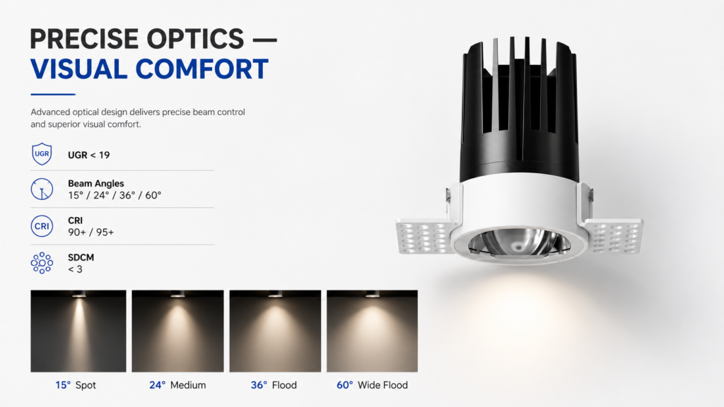 Trimless deep recessed LED downlight visual comfort diagram with beam angles CRI and SDCM information