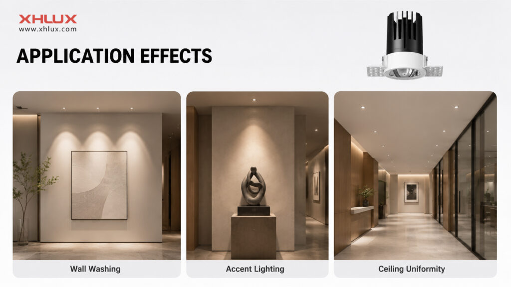 Trimless recessed LED downlight application effects showing wall washing accent lighting and ceiling uniformity