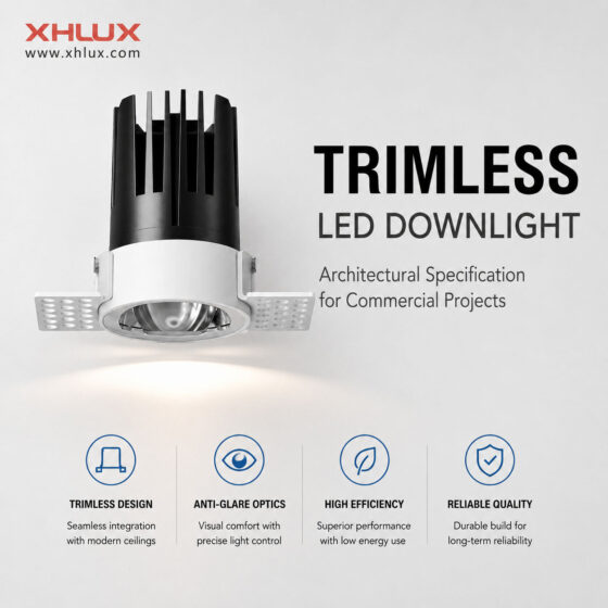 مصباح LED سفلي بدون إطار، مثبت بشكل متساوٍ مع السقف المعماري الأملس دون أي حافة ظاهرة.