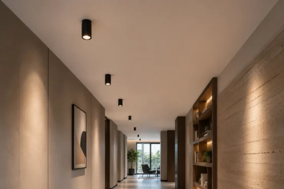 Surface-mounted LED downlights on a concrete no-recess ceiling