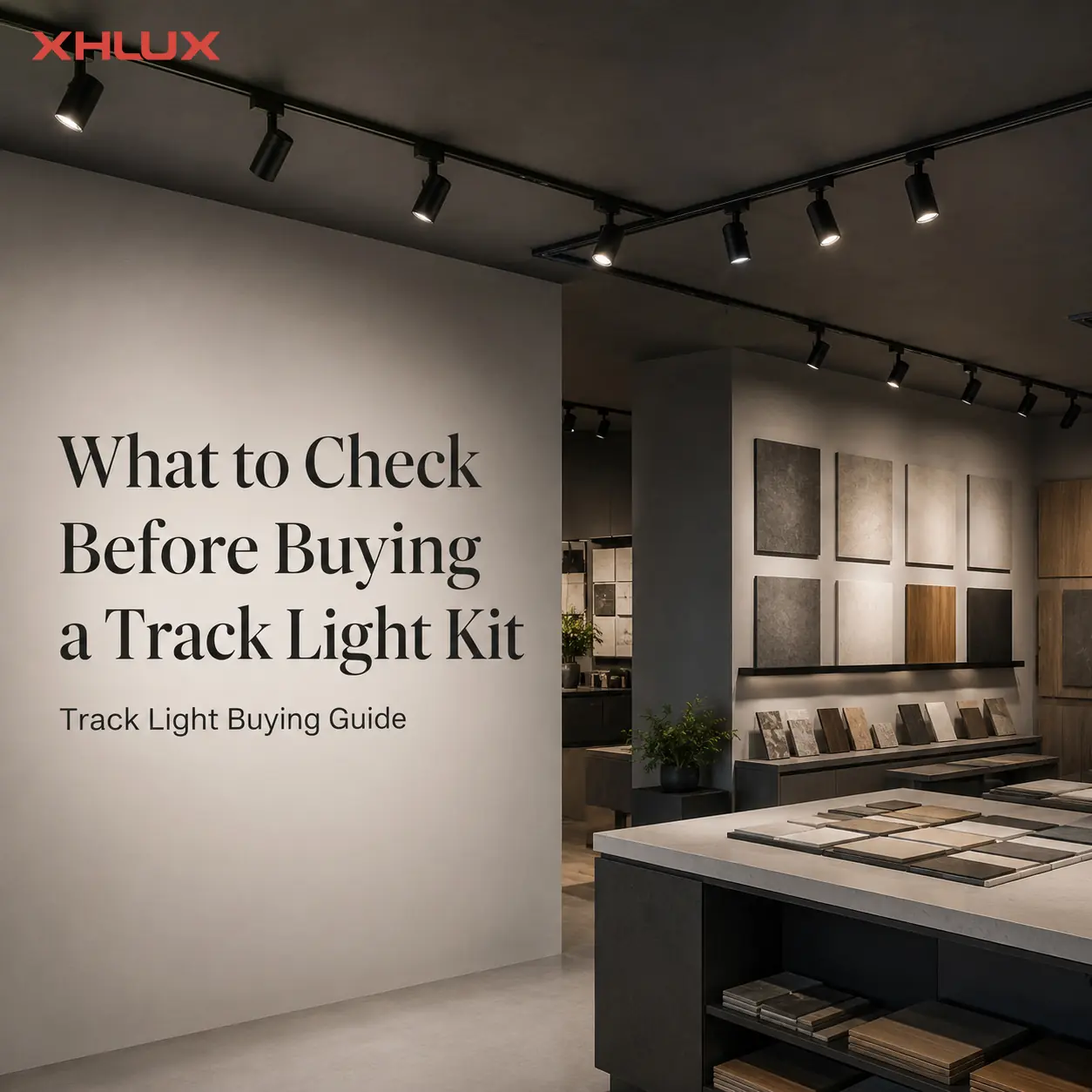 LED track lighting system illuminating displays in a modern commercial material showroom