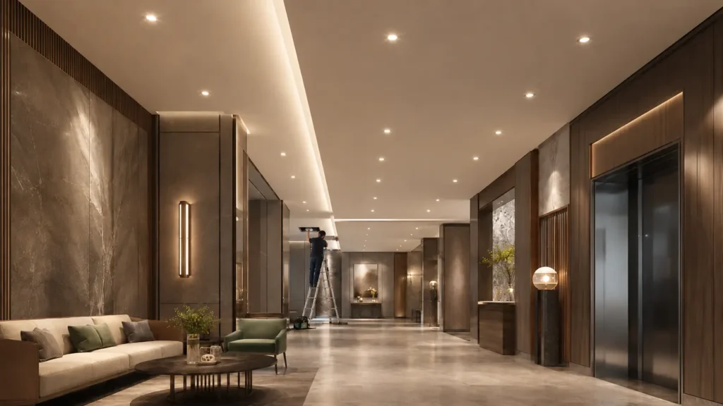 Deep recessed and flush downlights compared in a modern interior