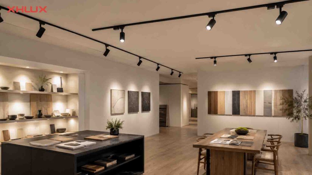 Track light kit buying guide with ceiling track lights in a modern material showroom
