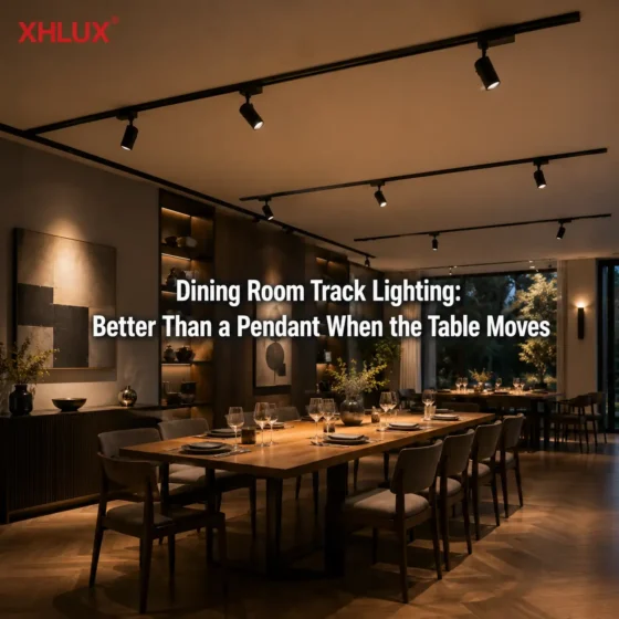 Dining room track lighting compared with a fixed pendant when the table moves