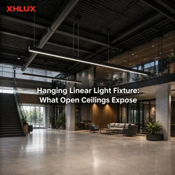 Hanging linear light fixture in an open ceiling with visible suspension and structure