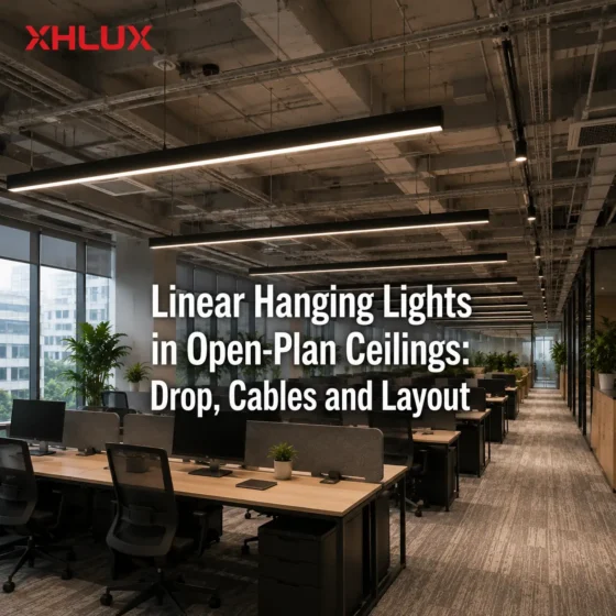Linear hanging lights in open-plan ceilings with coordinated drop, cables and layout