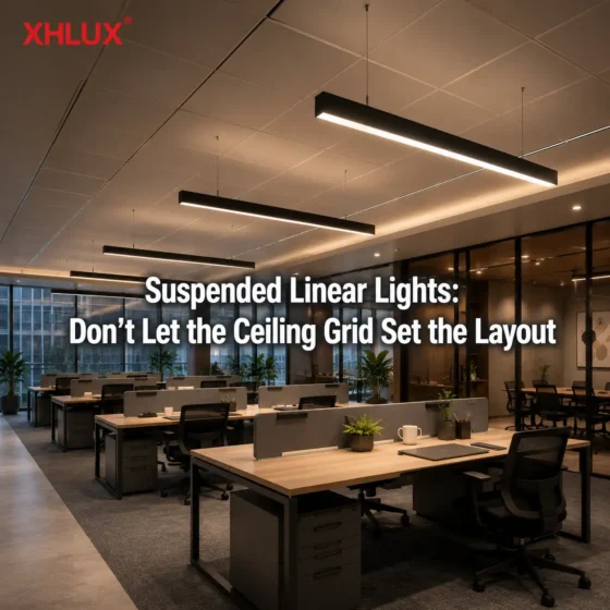 Suspended linear light layout planned beyond the ceiling grid