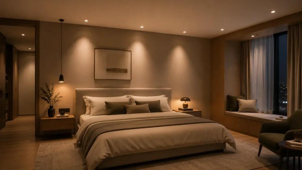 Bedroom downlights positioned around the bed wardrobe and walkway