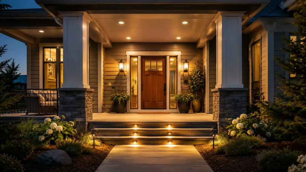 Front porch recessed lights positioned around the door steps and entrance