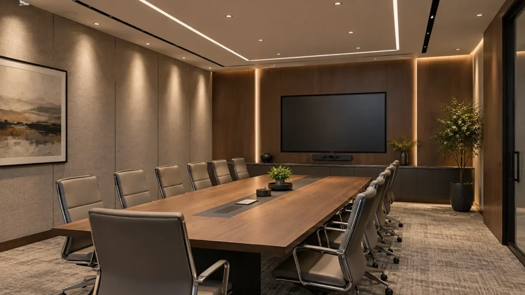 LED lights for conference room with balanced table face wall and display lighting