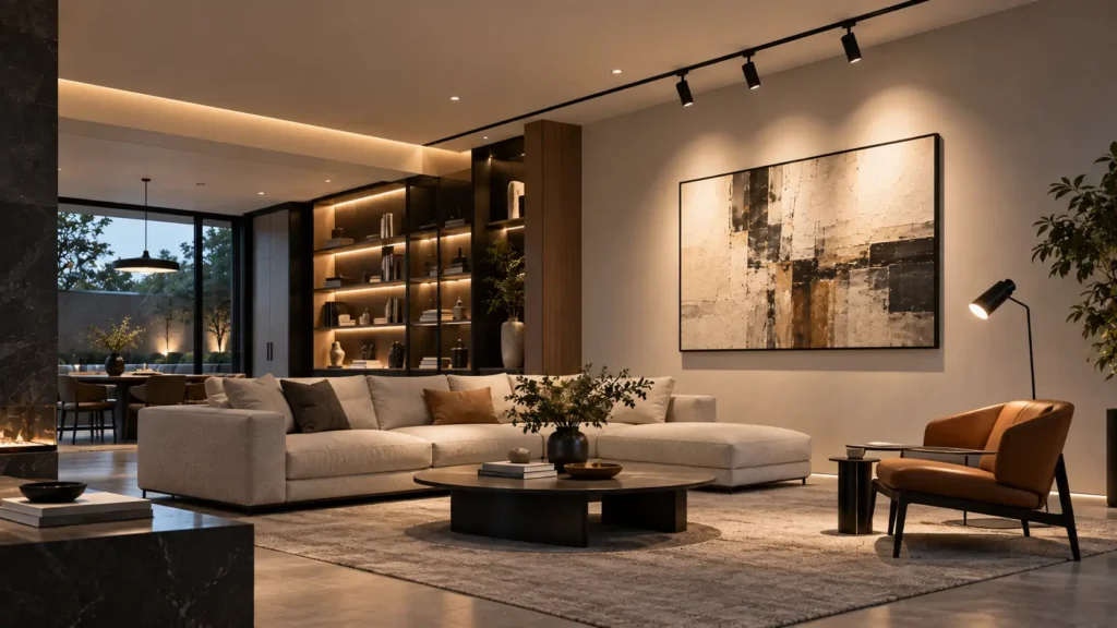 Interior lighting for designers planned around furniture, artwork and visual tasks in a modern interior