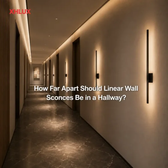 How far apart should a linear wall sconce be spaced in a commercial hallway