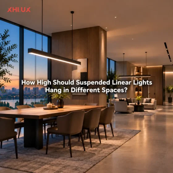 How high should a linear light suspended fixture hang in different commercial spaces