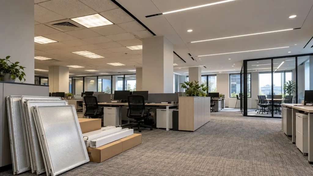 Office lighting energy savings from an LED retrofit in a modern commercial workspace