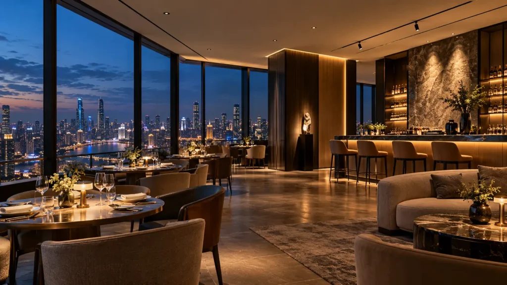 Hotel and restaurant lighting design with layered ambient accent and decorative lighting