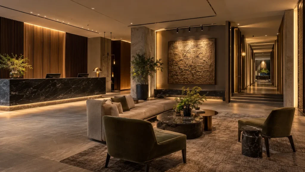 Luxury hotel lighting in a lobby with layered reception, architectural and accent lighting