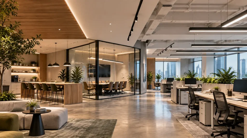 Office and workspace lighting design guide showing a coordinated modern office lighting layout