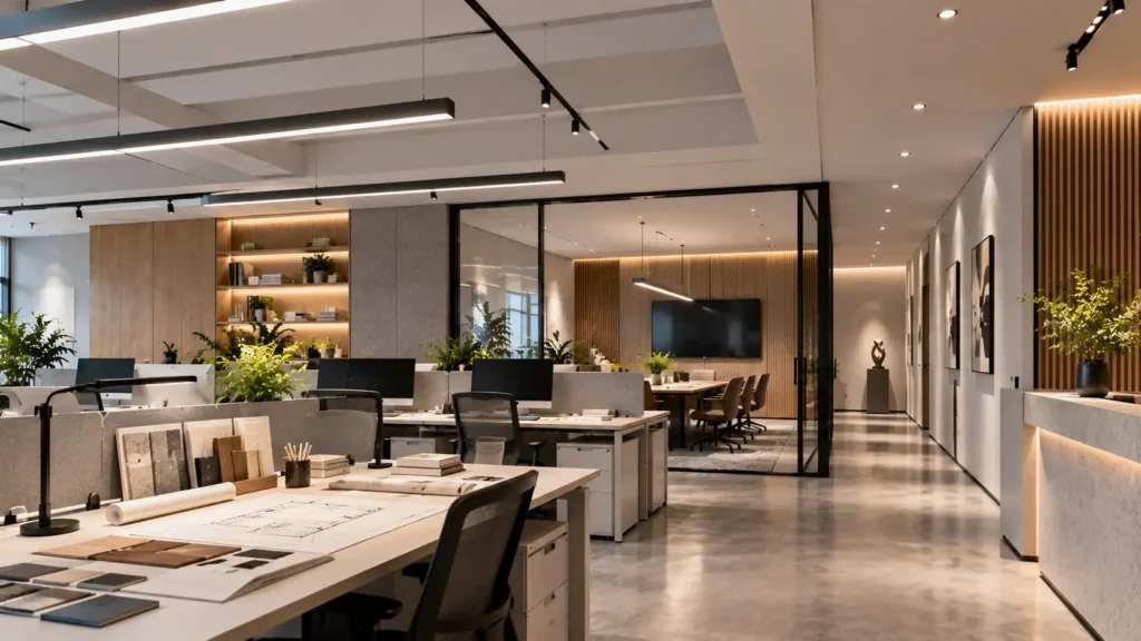 Office lighting design standards applied to a modern workplace lighting plan