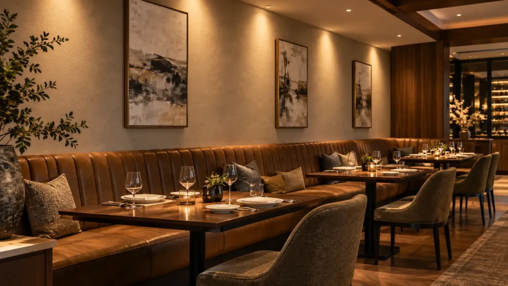 Wall lamp for restaurant seating placed around booth eye line and dining wall lighting