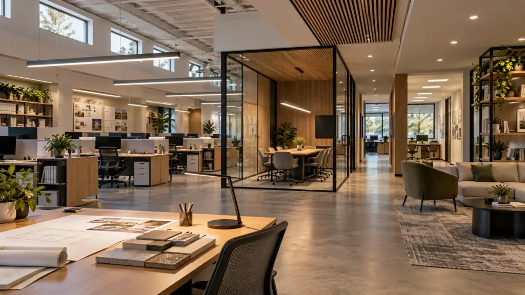 Best lights for office space using linear lighting downlights and workstation lighting in a modern office
