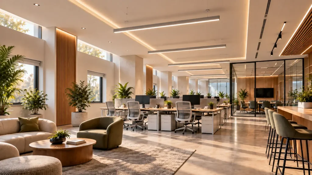 Human centric lighting office with daylight and adjustable workplace lighting