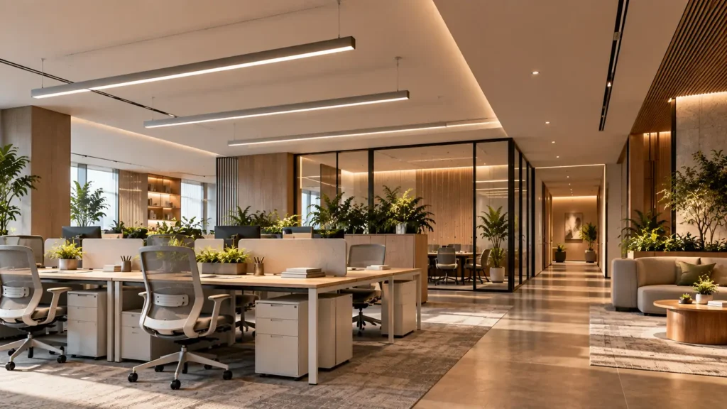 Human centric lighting office system with adjustable fixtures drivers controls and programmed lighting changes