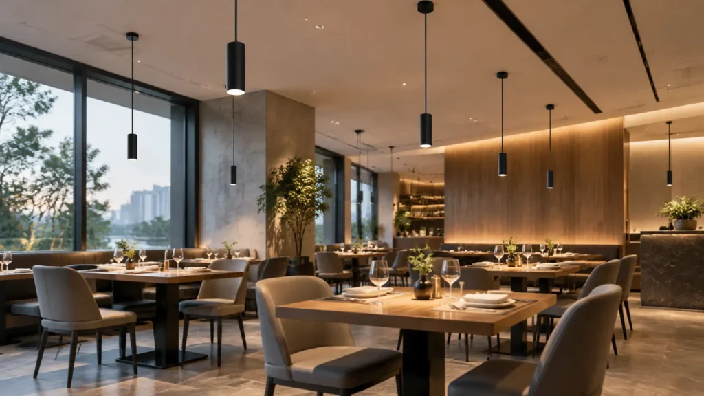 Restaurant pendant lights hanging above dining tables with clear sightlines and comfortable table lighting