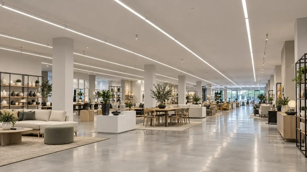 Linkable LED linear light fixtures connected in a continuous row with a designated power feed