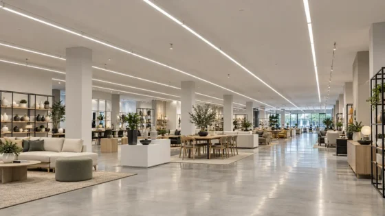 Linkable LED linear light fixtures connected in a continuous row with a designated power feed