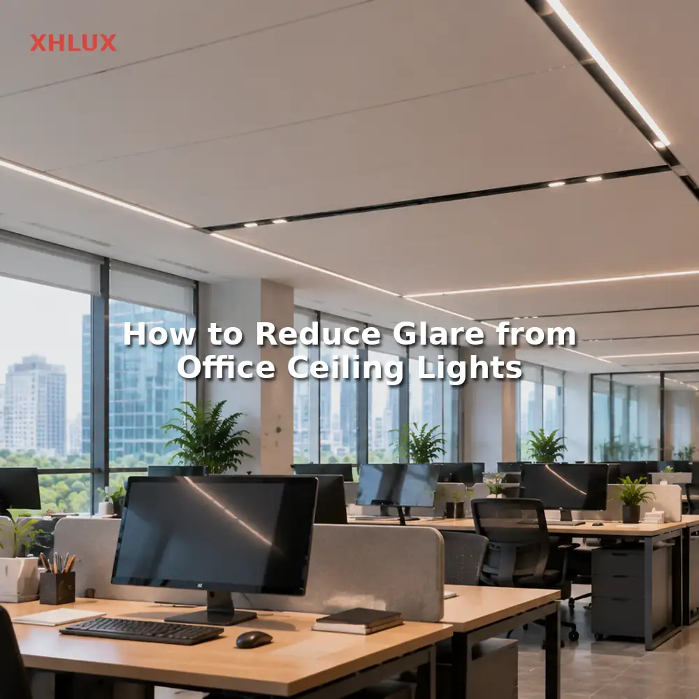 Office ceiling light glare reduction guide showing a computer monitor and reflected ceiling light