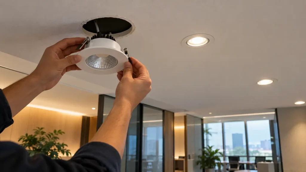 Measuring a ceiling opening and checking the trim cover before replacing a recessed downlight