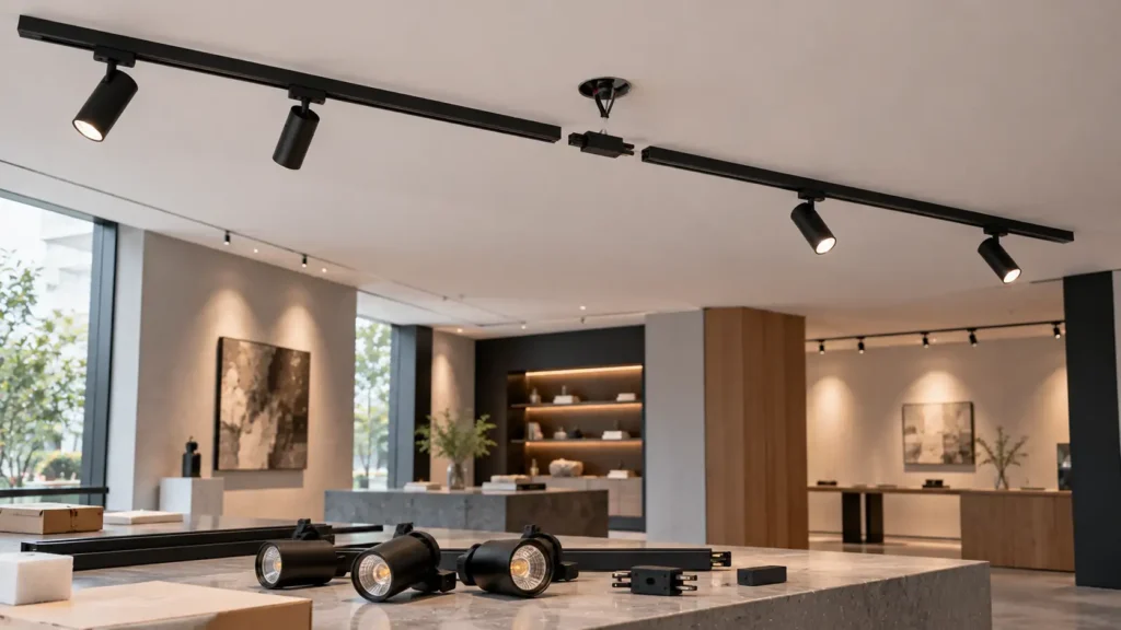 2m LED track lighting with four adjustable spotlights aimed at a retail display wall