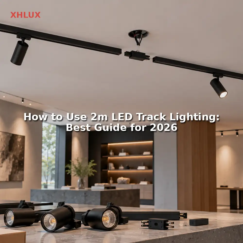 2m LED track lighting guide showing rail spotlights feed connector and installation components