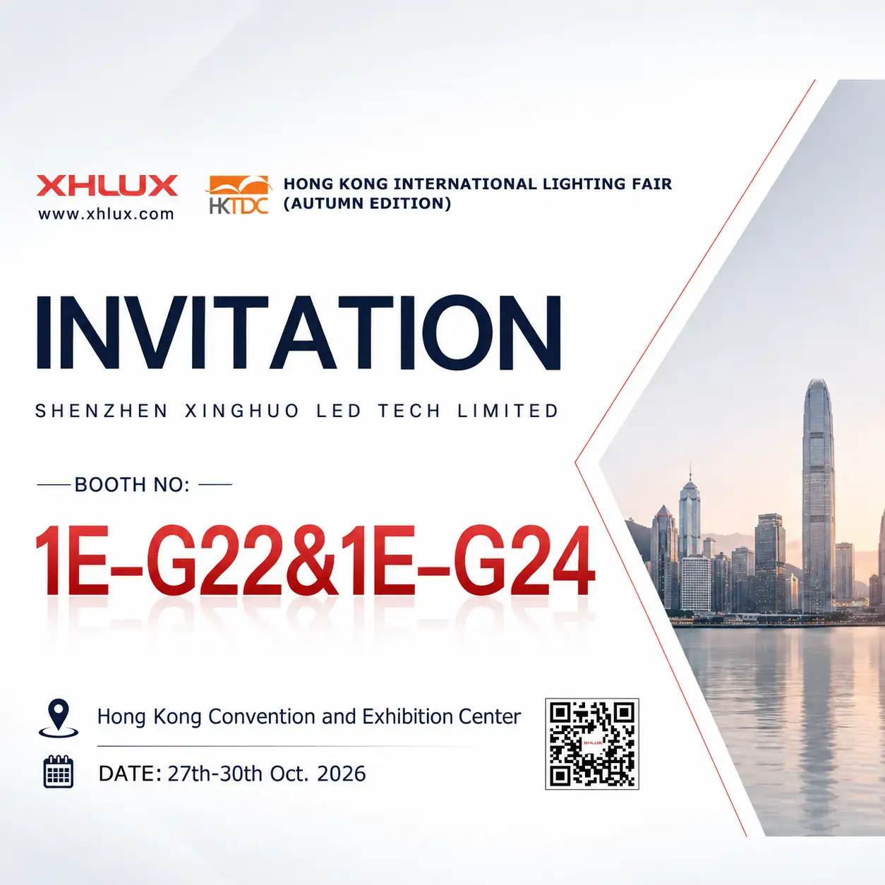 XHLUX Hong Kong International Lighting Fair 2026 invitation poster with booth 1E-G22 and 1E-G24